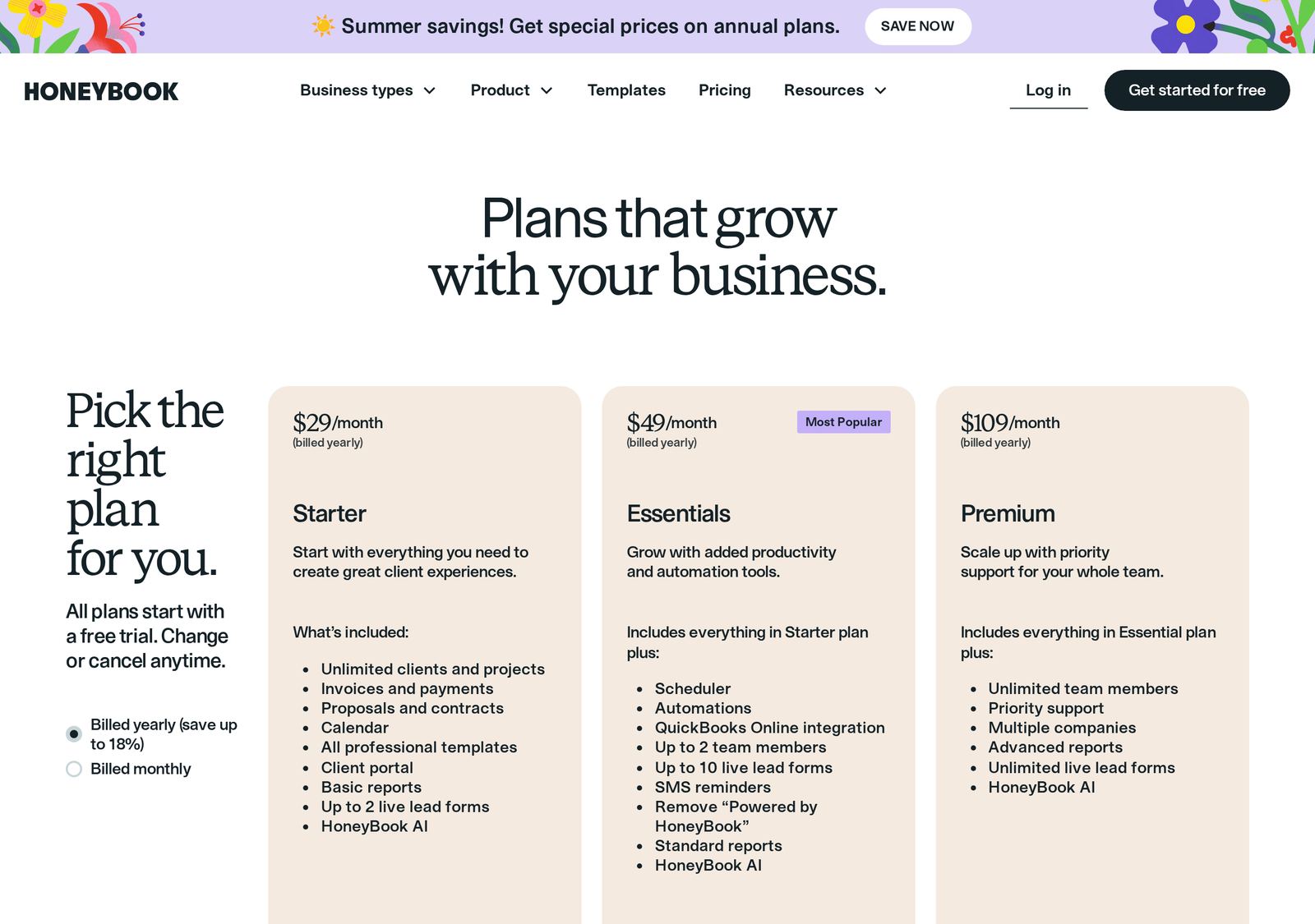 HoneyBook's pricing page as it appeared on 2026-10-01