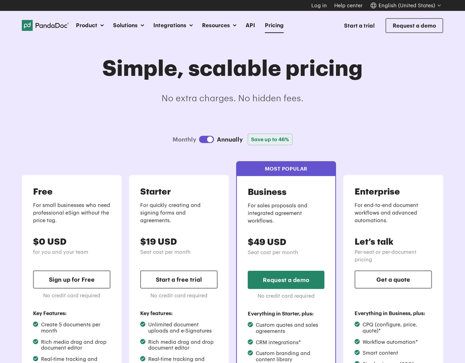 PandaDoc's pricing page as it appeared on 2026-10-01