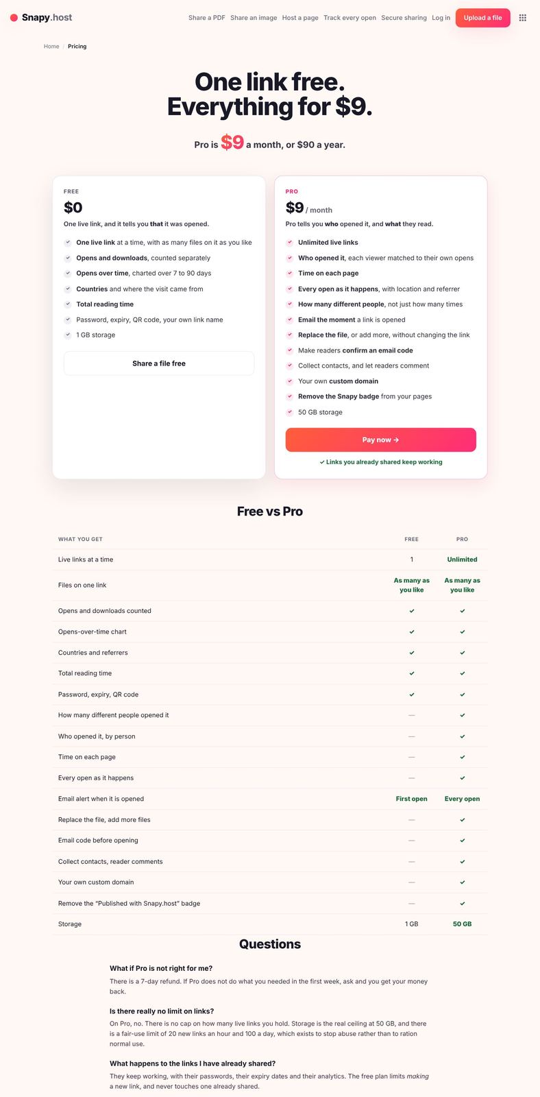Snapy.host's pricing page as it appeared on 2026-10-03