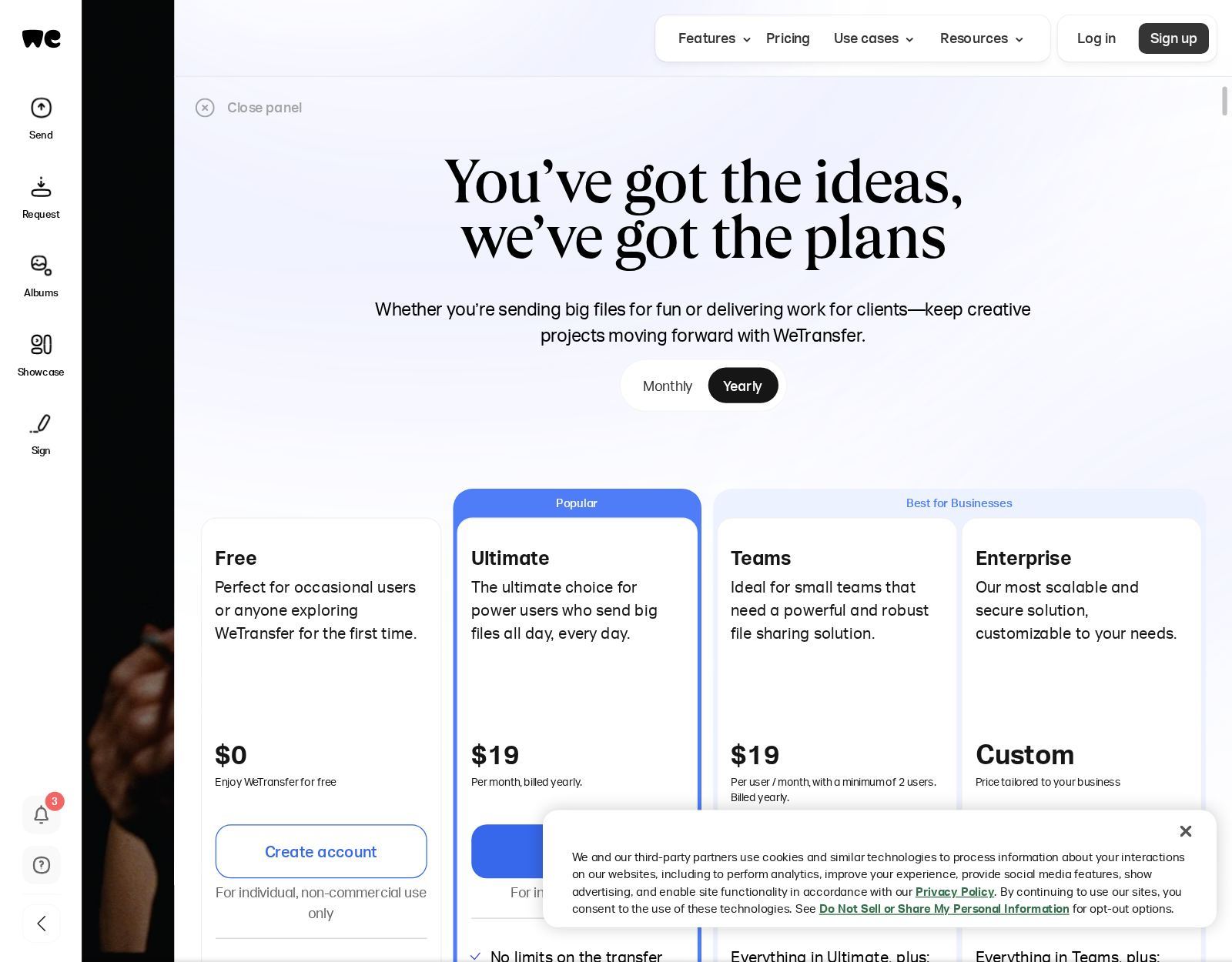 WeTransfer's pricing page as it appeared on 2026-10-03