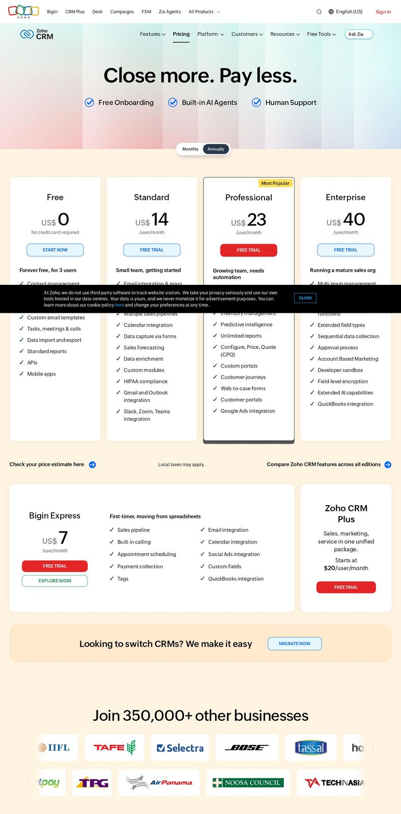 Zoho CRM's pricing page as it appeared on 2026-10-06